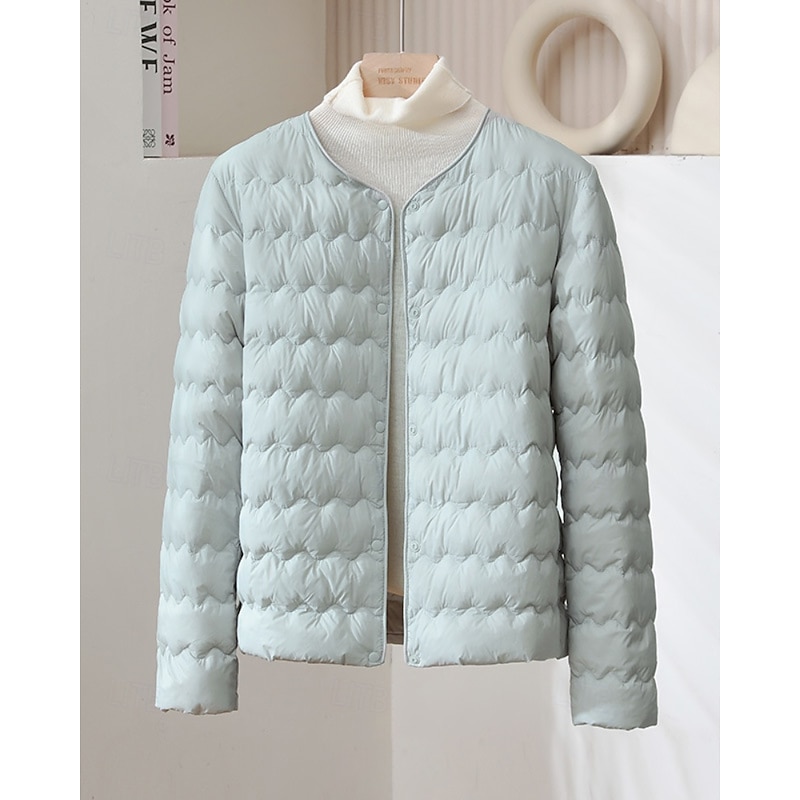 Women's Down Jacket Warm Comfortable Buttons Fashion Plain Going out Weekend Single Breasted Regular Crewneck Regular Fit Long Sleeve Outerwear Light Pink Light Blue White Fall Winter4