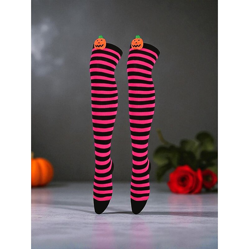 Women's Halloween Over-the-Knee Socks - Striped Cotton Long Stockings with Cute Pumpkin Decoration, Fun and Comfortable Novelty Hosiery for Costume Parties, Cosplay, and Holiday Events4