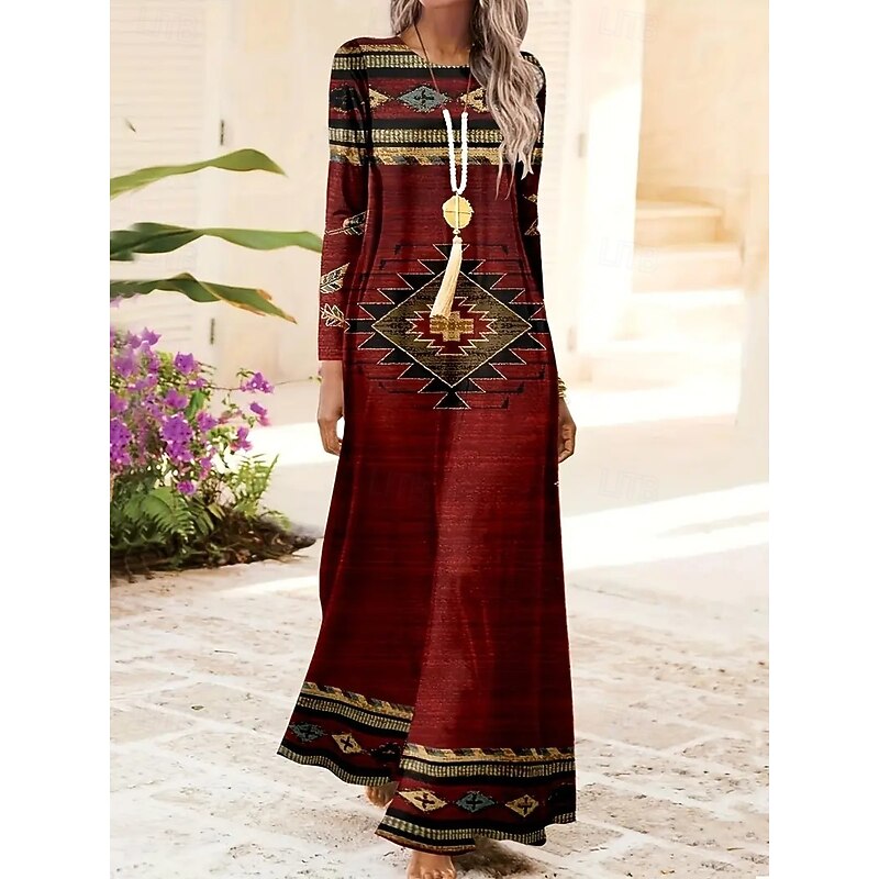 Women's Maxi Dress Shift Dress A Line Dress Party Casual Boho Daily Date Going out Regular Fit Tie Dye Tribal Long Sleeve Crew Neck Red Blue Purple Green Spring Fall Winter Autumn