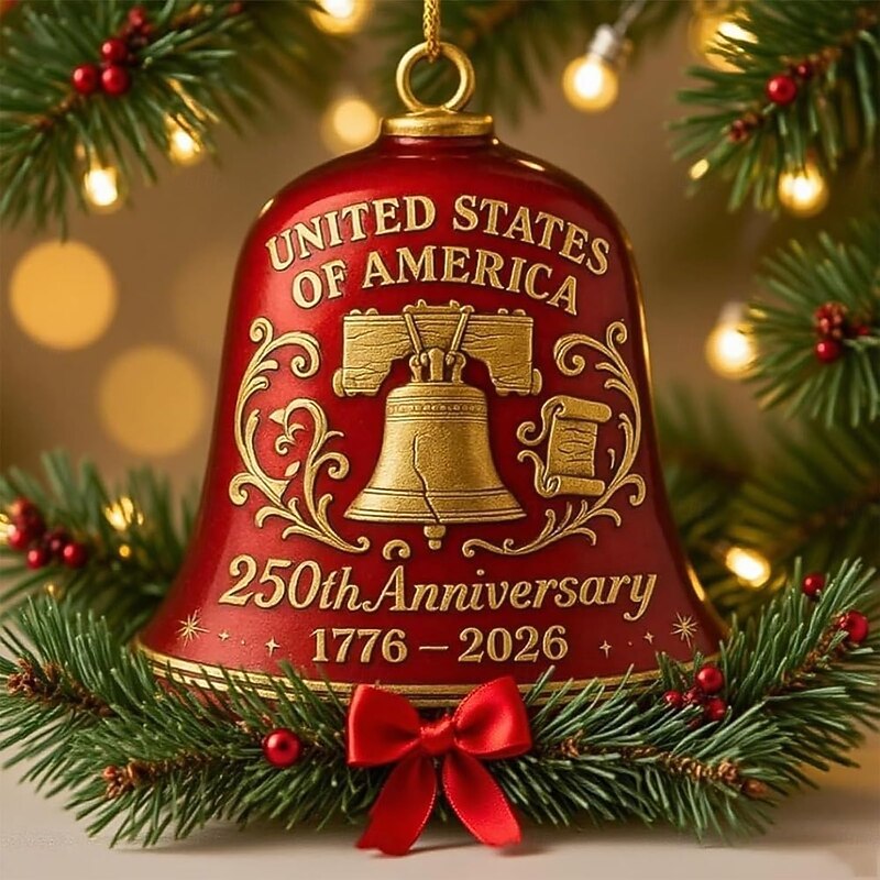 United States 250th Anniversary Christmas Bell Ornament Xmas Gold Vintage-Style Metal Commemorative Doorbell for Patriotic Holidays