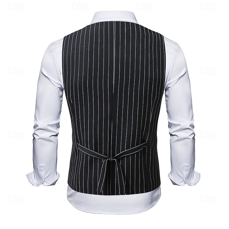 Men's Waistcoat Cocktail Attire Formal Casual Vintage Fashion Spring Spring &  Fall Buttons Polyester Comfortable Plain Striped Double Breasted U Neck Slim Fit Black Vest3