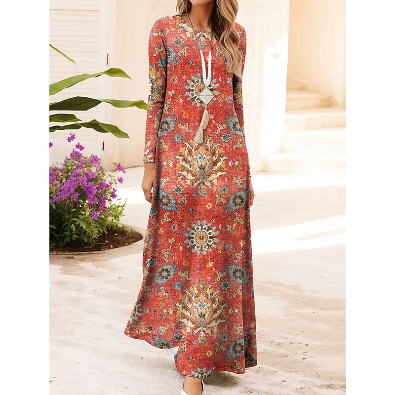 Women's Maxi Dress Vintage Bohemian A Line Dress Crew Neck Long Sleeve Casual Daily Regular Fit Graphic Geometric Dark Red Red Blue Brown Summer Spring Fall Winter