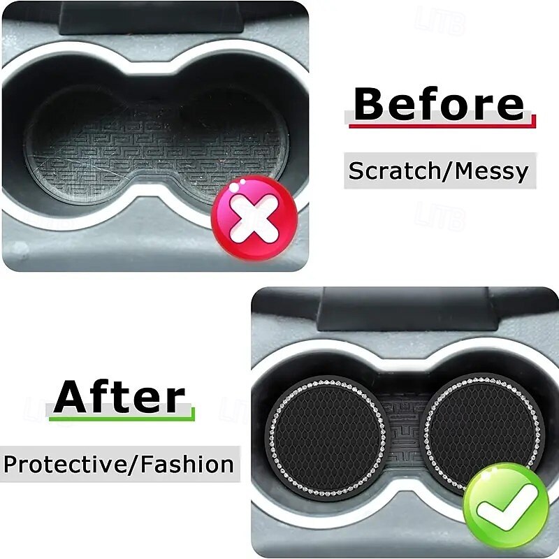 4PCS Universal Car Cup Holder Mats, Non-Slip Soft Crystal Diamond Interior Accessories, Vehicle Organizer Coasters for Drinks, Practical Car Decoration4