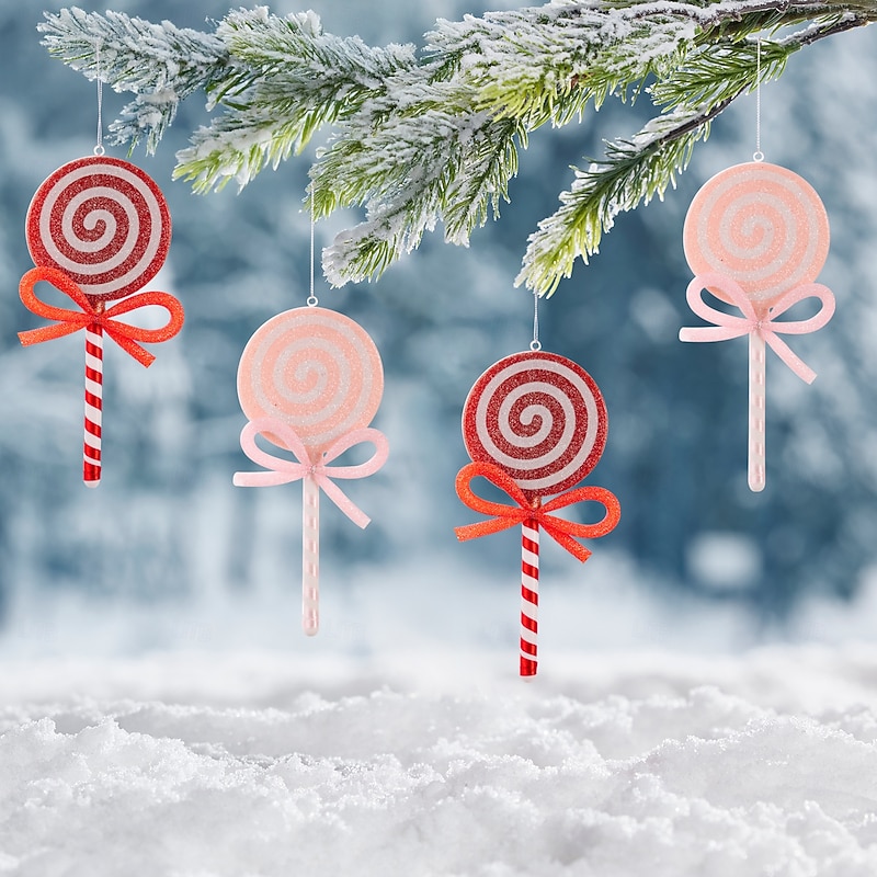 2Pcs Christmas Candy Cane Ornaments, Red Lollipop Hanging Decorations with Pink Bow, Artificial Candy for Xmas Tree, Colorful Candy Decor for Kids Gift3