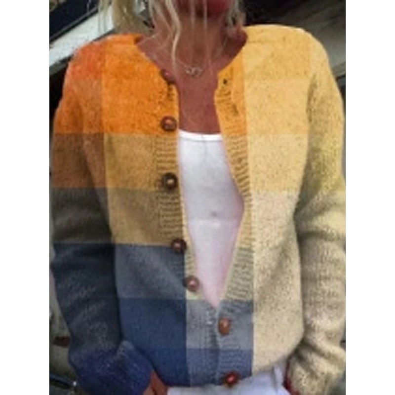 Women's Cardigan Sweater Knitted Ribbed Button Front Round Neck Long Sleeve Lightweight female Fashion Daily Casual Floral Geometric Striped Print Knit Outdoor Daily Date Yellow Orange Fall Winter3