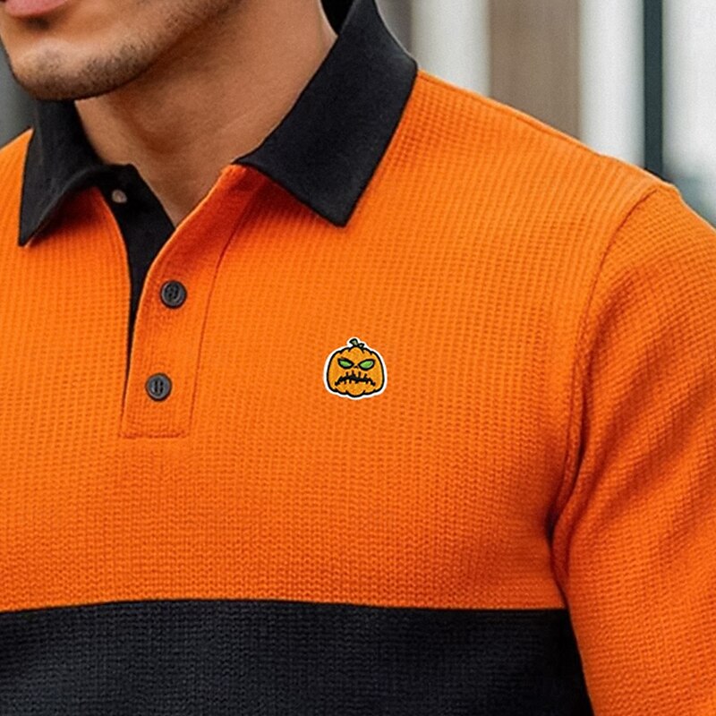 Men's Waffle Polo Shirts Polo Shirts Formal Casual Ribbed Polo Collar Long Sleeve Fashion Pumpkin Color Block Buttons Fall Spring &  Fall Regular Fit Black / Orange Waffle Polo Shirts2