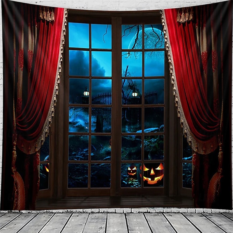 Halloween Window View WAall Tapestry Backdrop – Spooky Night Scene with Red Curtains, Jack-o'-Lanterns, Haunted Garden, Full Moon, Creepy Decor for Home Decoration, Party, Photography3