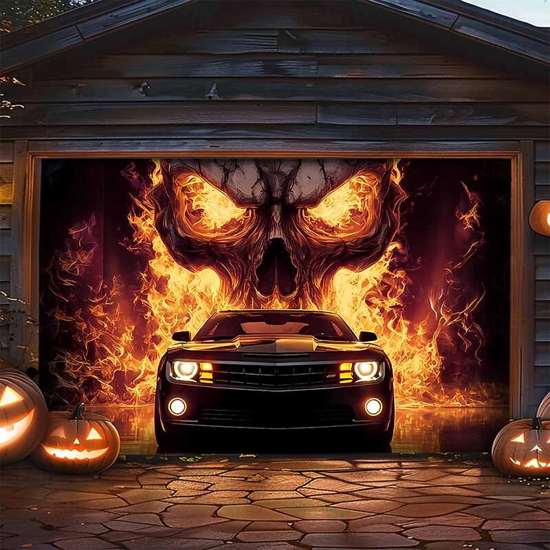 Halloween Garage Door Cover Large Hanging Backdrop Skeleton Flame Car Dark Punk Gothic Style Party Outdoor Shooting Backgrounds Yard Haunted House Home Decor