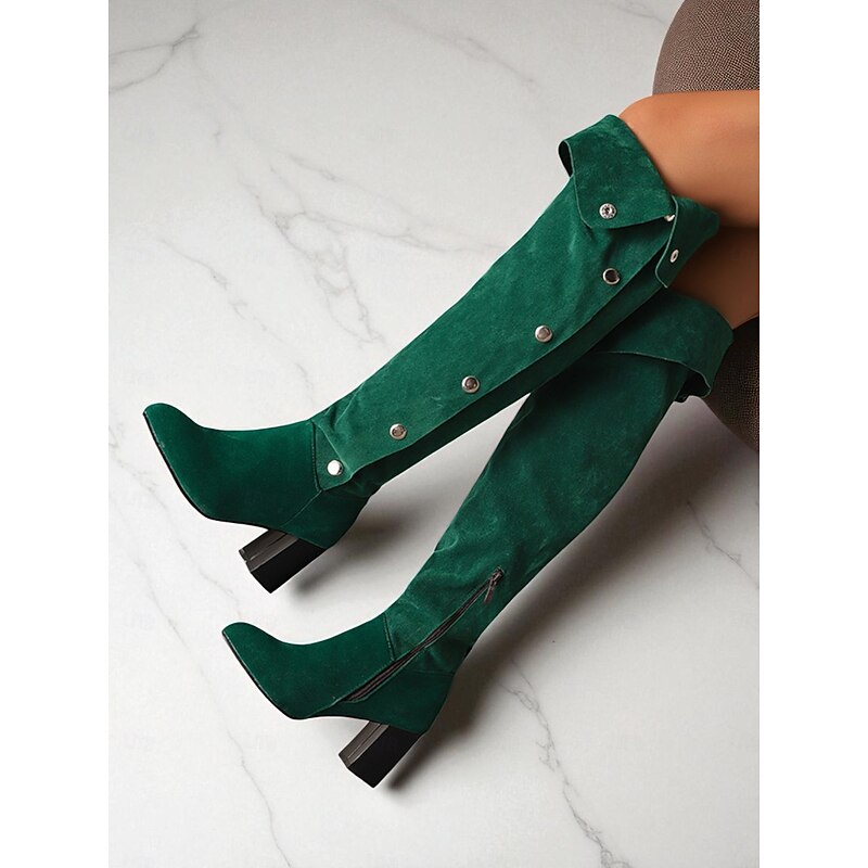 Women's Burgundy Fold-Over Suede Over-the-Knee Boots with Block Heels and Decorative Buttons - Versatile Fall & Winter Fashion Footwear for Stylish Streetwear and Night Out Looks2