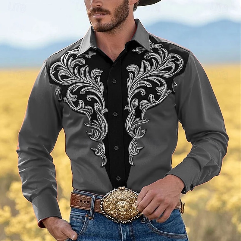 Men's Floral Print Flowers Shirt Western Shirt Cowboy Shirt Long Sleeve Vintage Retro Outdoor Vacation Spring Fall Turndown 3D Print Linen Like Shirt Red Orange Green Gray4