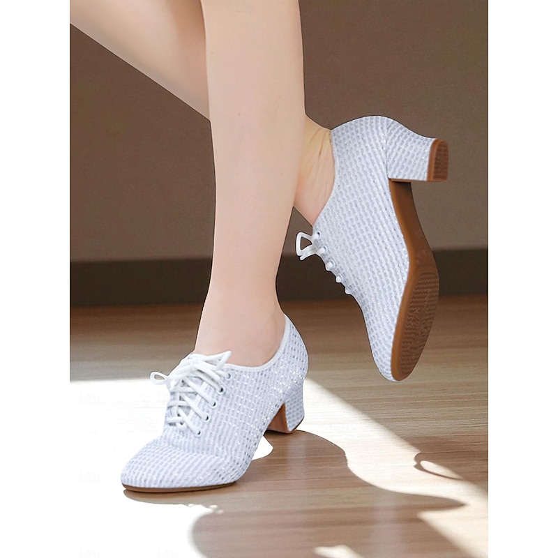 Women's White Lace-Up Dance Shoes - Sparkly Chunky Heel Ballroom Footwear with Breathable Mesh Design for Practice and Performance