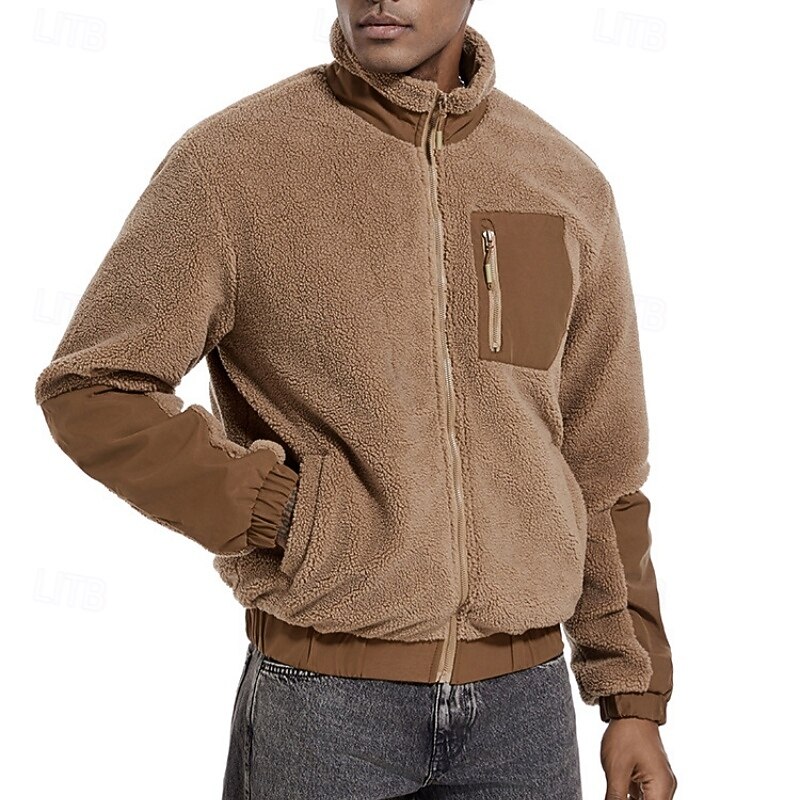 Men's Fleece Jacket Casual Thermal Warm Plain Winter Solid Color Casual Stand Collar Regular Camel Black Navy Blue Army Green Jacket2