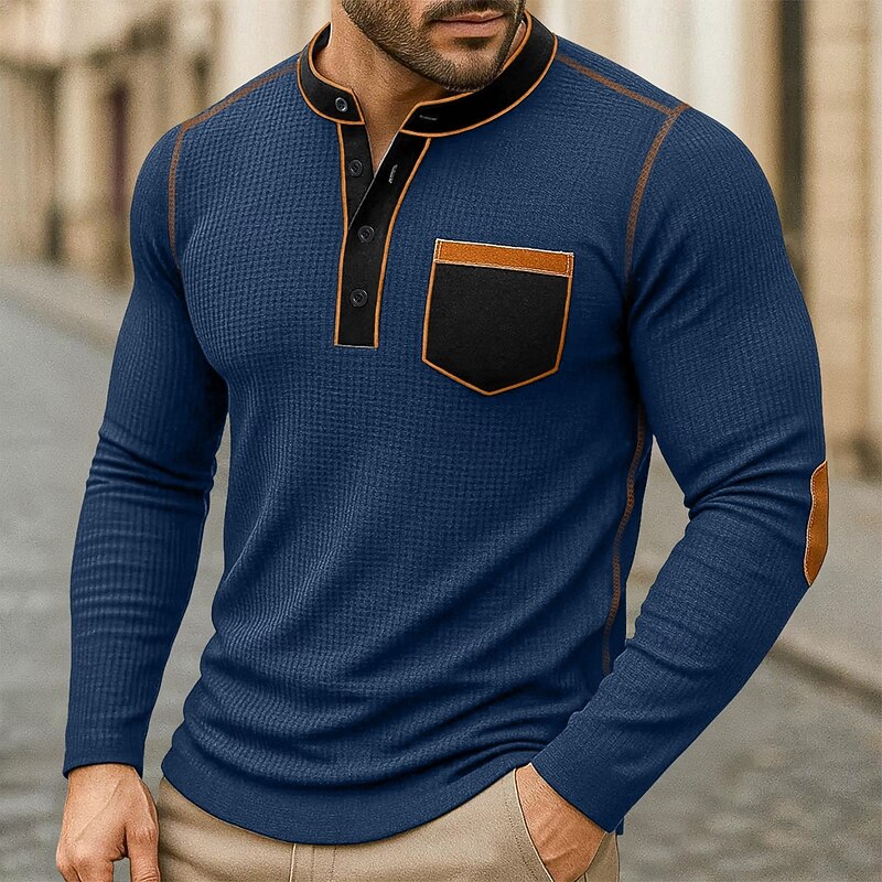 Men's Waffle Henley Shirt Tee Long Sleeve Henley Summer Fall Winter Solid Color Plain Fashion Designer Modern Color Block Buttons Outdoor Casual Daily Black Navy Blue Brown Top Tee for Men