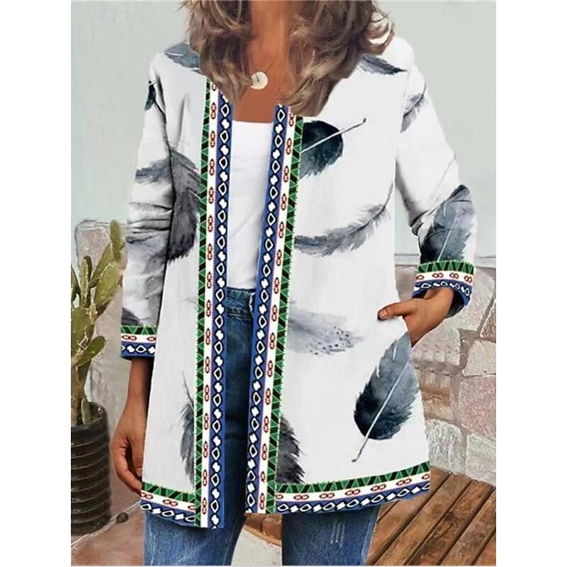 Women's Casual Jacket Windproof Warm Pocket Color Block Open Front with Pockets Modern Geometric Casual Daily Casual Daily Regular Crewneck Loose Fit Long Sleeve Outerwear Light Blue Black White Fall4