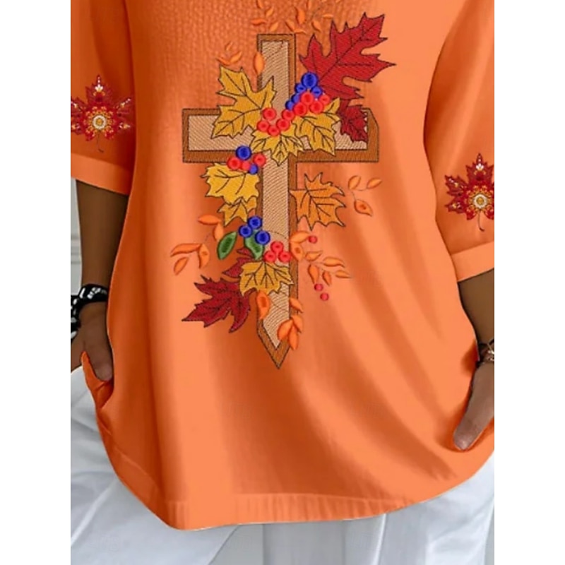 Women's Blouse Graphic Daily Casual 3/4 Length Sleeve V Neck Regular Tops Daily Holiday Print Orange Summer Spring Fall3