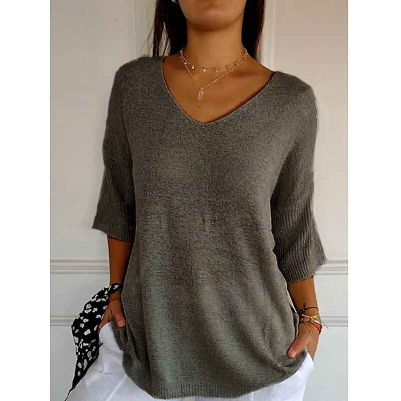 Women's Sweater Pullover Daily Stylish Casual Solid Color Ribbed V Neck Knitted 3/4 Length Sleeve Regular Tops Knit Outdoor Daily Black White Summer Spring2