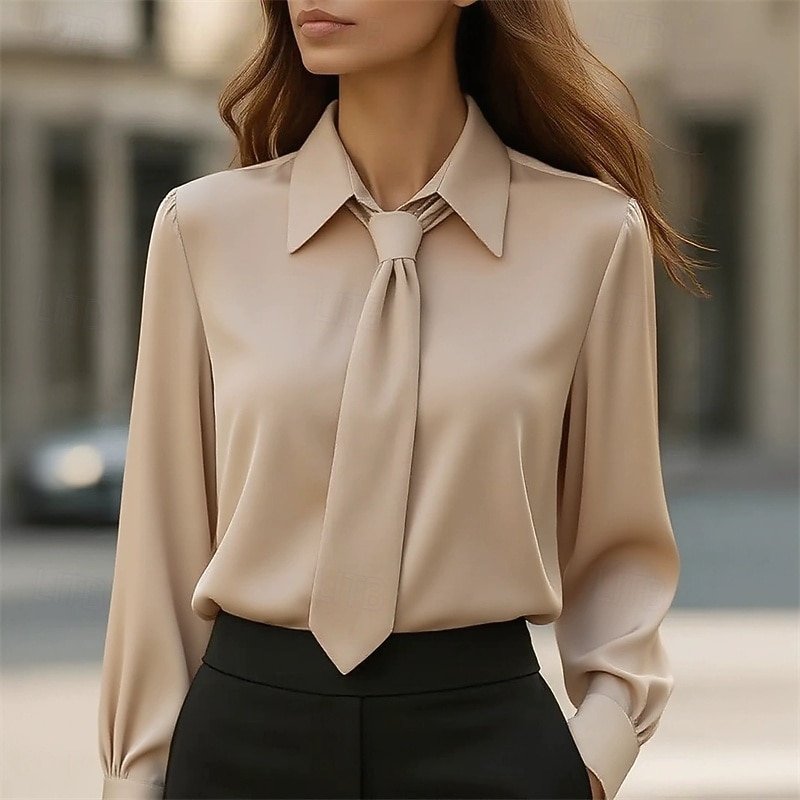 Women's Elegant Dressy Satin Work Shirt Plain Modern Casual Long Sleeve Shirt Collar Regular Tops Daily Holiday Patchwork Black White Pink Khaki Fall4