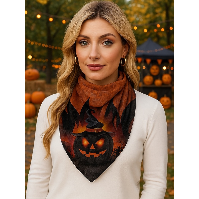 Women's Halloween Pumpkin Print Scarf – Soft Triangle Bandana Neck Wrap for Party, Cosplay and Fall Festival Outfits