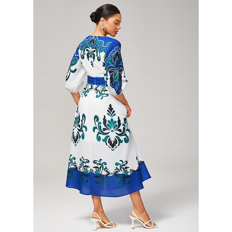 Women's Bold Multicolor Print Faux Cotton Linen Teal Tea Dress Elegant Stylish Friend Gatherings Afternoon Tea Fall3