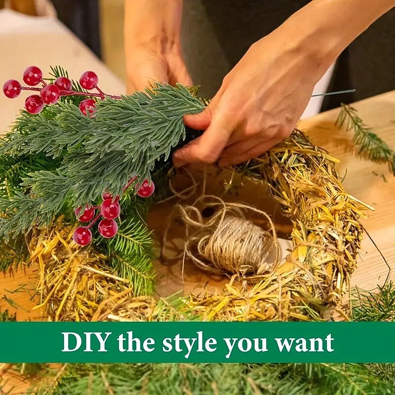 Artificial Christmas Flowers with Red Berry Stems, Fake Norfolk Pine Garland Branches for Winter Decor, Faux Christmas Garland Tree Picks and DIY Crafts3