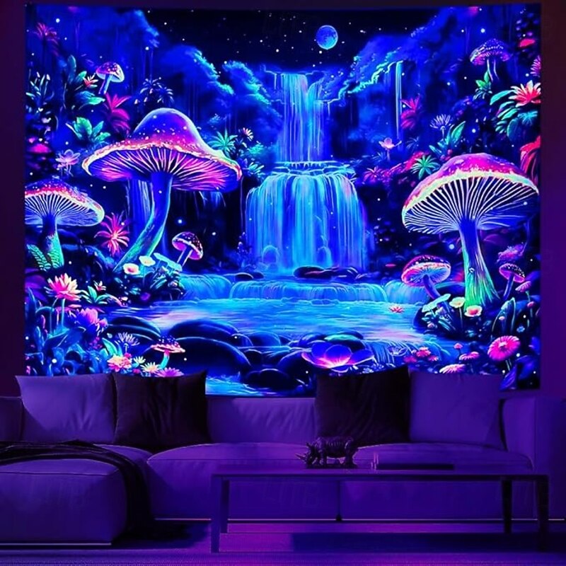 Mushroom Waterfall Blacklight Tapestry – Trippy Psychedelic Glow in the Dark Wall Hanging for Bedroom or Dorm Decor2