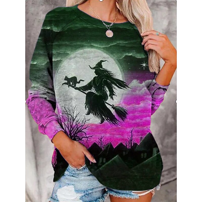 Halloween Women's Sweatshirts Witch Graphic Fashion Casual Long Sleeve Crew Neck Regular Tops Casual Print Blue Purple Orange Summer Spring Fall4