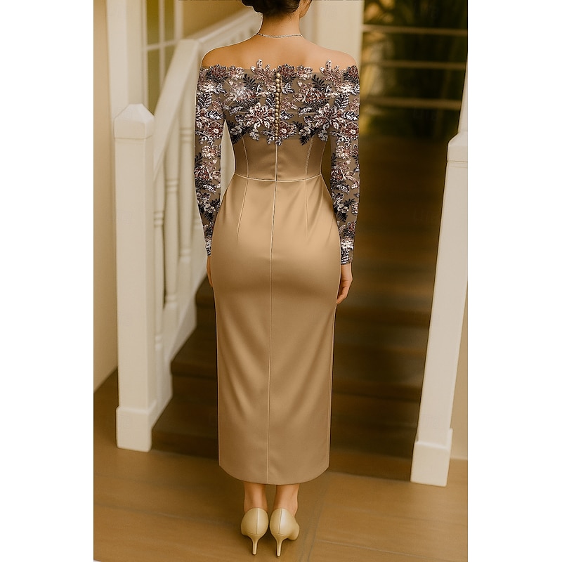 Gold Floral Embroidered Lace Applique Sheath / Column Cocktail Dresses with Detachable Cape Elegant Dress Formal Wedding Tea Length Sleeveless Strapless Long Sleeve 20253