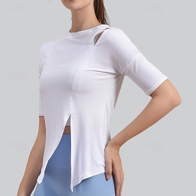 Women's Yoga Shirts Crew Neck Breathable Off-shoulder Short Sleeve Sports Solid Color Top For Gym Running Fitness Activewear3