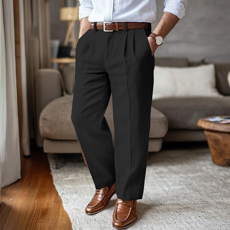 Men's Linen Pants Trousers Summer Pants Pleated Pants Front Pocket Straight Leg Plain Comfort Breathable Full Length Outdoor Casual Daily Vacation Fashion Black White Inelastic
