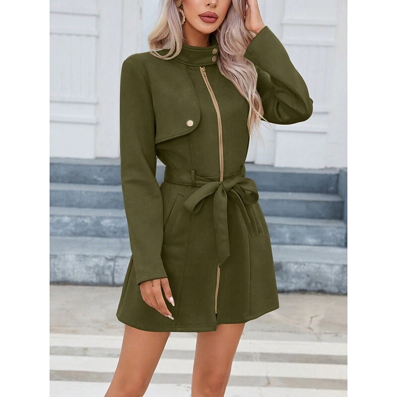 Women's Casual Jacket Warm Comfortable Lace up Zipper Pocket Casual Plain Vacation Street Casual Daily Wear Zipper Long Stand Collar Slim Long Sleeve Outerwear Black Pink Green Spring Fall2