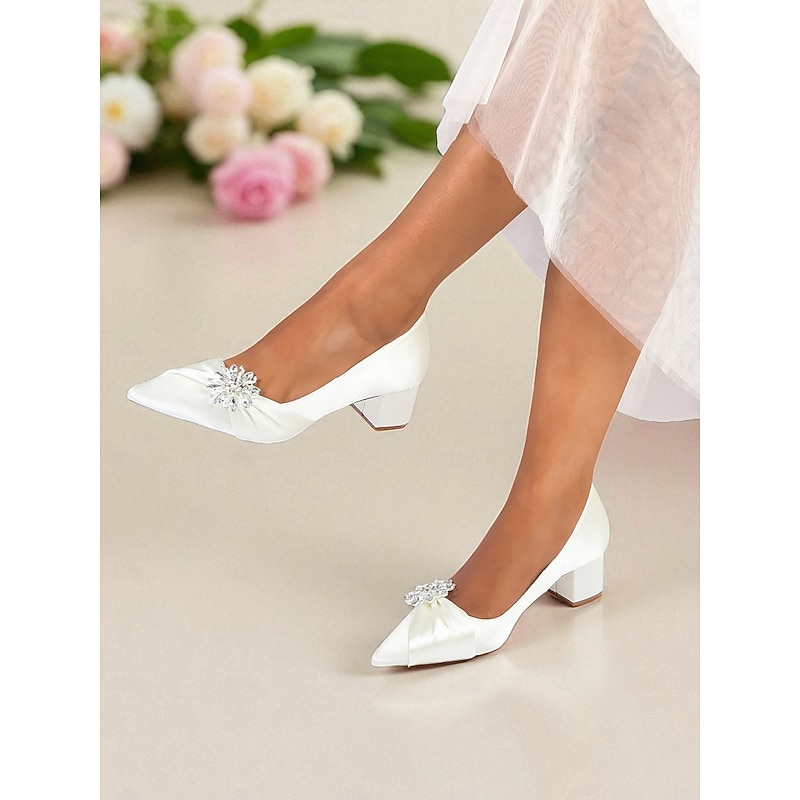 Women's White Low Block Heel Pumps with Crystal Embellishment - Elegant Formal Wedding and Cocktail Party Shoes2