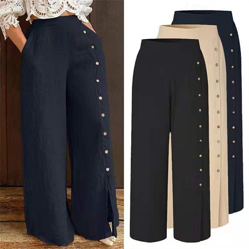Women's Wide Leg Pants Trousers Palazzo Pants Fashion Streetwear Full Length High Waist Plain Elastic Waist Side Button Breathability Comfortable Street Daily Wear Going out Navy Blue Apricot Summer
