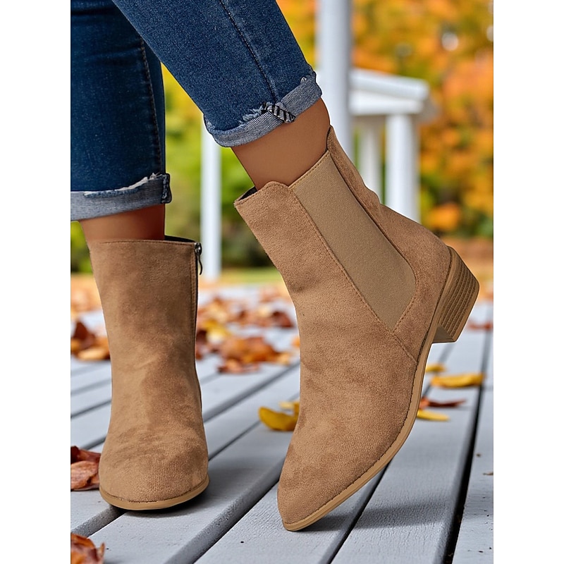 Women's Faux Suede Ankle Boots – Side Zipper and Elastic Panel, Low Heel Chelsea Boots for Autumn Walks, Shopping and Casual Outings3