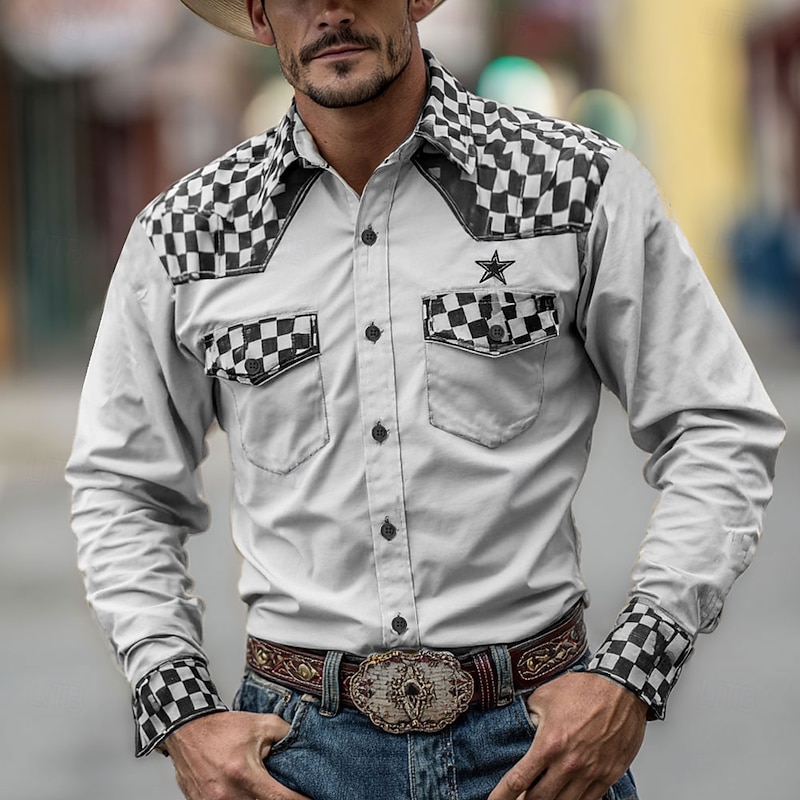 Men's Geometric Plaid Checkered Stars Shirt Western Shirt Cowboy Shirt Long Sleeve Vintage Retro Outdoor Daily WorkWear Fall & Winter Turndown 3D Print Front Two Pockets Button Up Shirts Yellow Green4