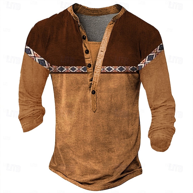 Men's Geometric Print T Shirt Henley Shirt Long Sleeve Designer Retro Vintage Ethnic Street Casual Daily Summer Spring Fall Black Green Navy Blue Brown Light Grey Henley Henley T-Shirt