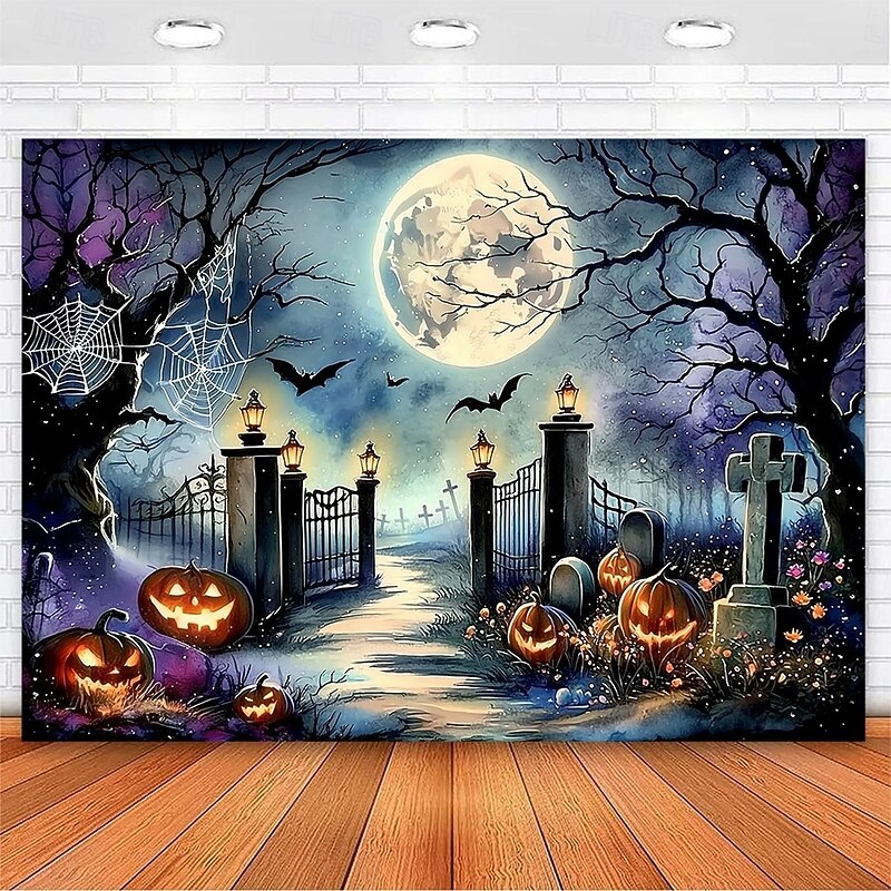 Halloween Cemetery Wall Tapestry Backdrop – Spooky Graveyard Entrance with Jack-O'-Lanterns, Gothic Wall Hanging for 2025 Halloween Home Decoration