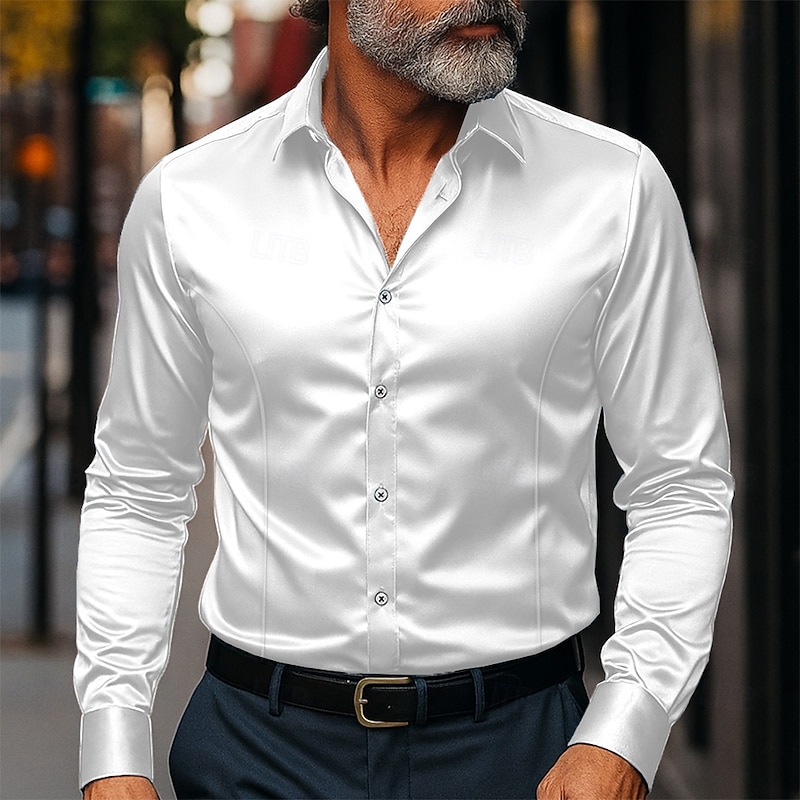 Men's Shirt Silk Like Satin Shirt Dress Shirt Casual Shirt Button Up Shirt Plain Formal Business Black White Yellow Pink Long Sleeve Lapel Spring &  Fall All Seasons Clothing Apparel4
