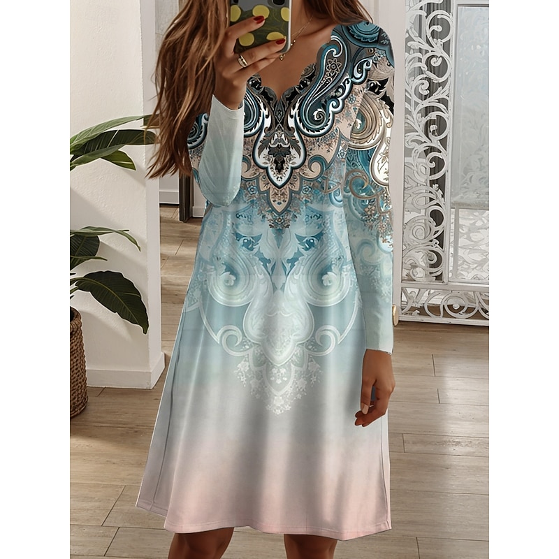 Women's Mini Dress Shift Dress Casual Boho Daily Regular Fit Graphic Geometric Long Sleeve V Neck Blue Dark Green Purple Green Fall Winter