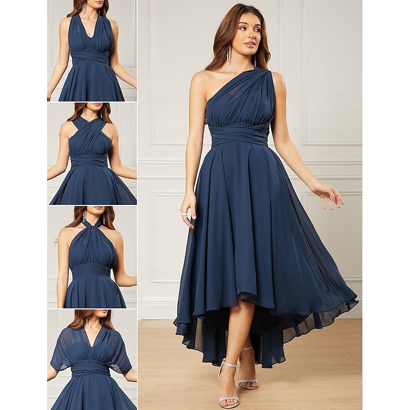 A-Line Wedding Guest Dresses Elegant Dress Formal Wedding Party Tea Length Sleeveless One Shoulder Fall Wedding Guest Chiffon with Ruched2