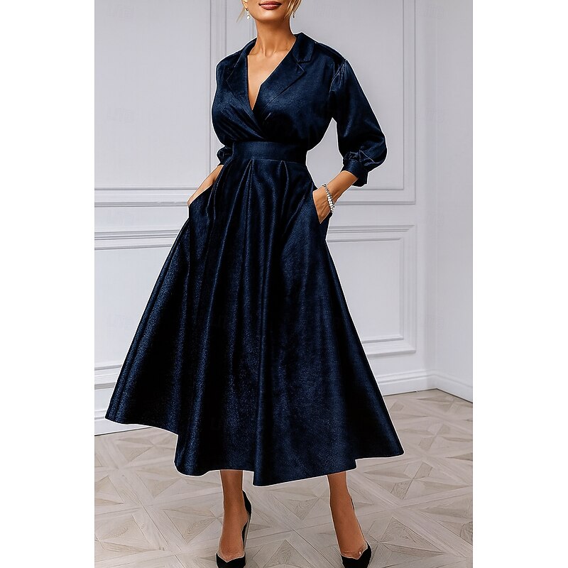 Velvet Burgundy Blue A-Line Mother of the Bride Cocktail Dresses Elegant Dress Formal Wedding Ankle Length Long Sleeve Lapel Pocket Velvet with Pocket4