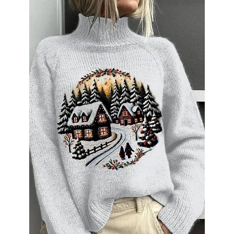 Women's Pullover Vacation Daily Tree Ribbed Turtleneck Knitted Print Long Sleeve Regular Tops Knit Outdoor Daily Holiday Black Blue Fall Winter2