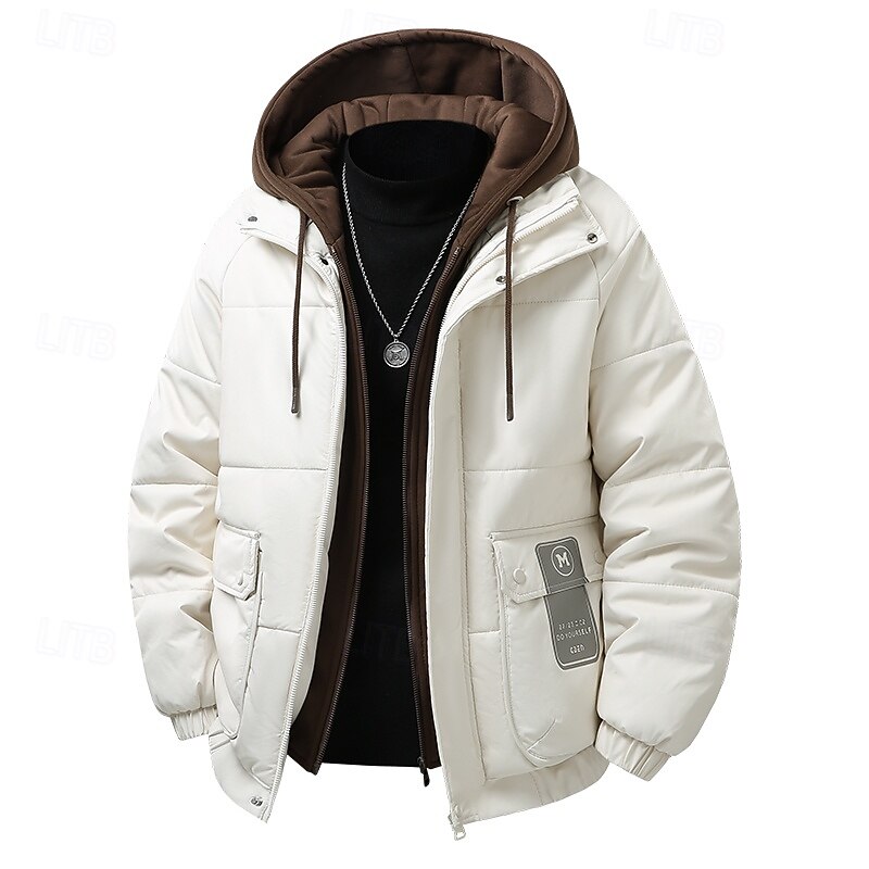 Men's Jacket Casual Jacket Outdoor Vacation Warm Zipper Pocket Fall Winter Plain Fashion Streetwear Standing Collar Regular Black Beige Jacket4