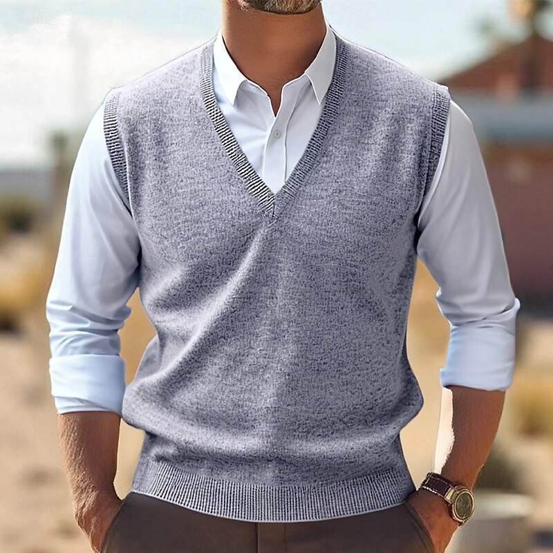 Men's Sweater Vest Dress Sweater Pullover Sweater Jumper Vest Knit Sweater Ribbed Knit Regular Tops Knitted Plain V Neck Fashion Casual Vacation Daily Wear Clothing Apparel Fall Winter Camel Wine S M