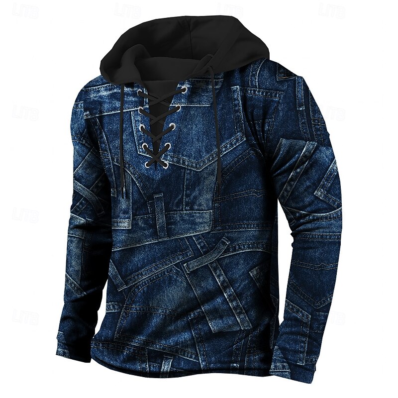 Men's Patchwork Hoodie Sweatshirt Stylish Vintage Retro Hooded Streetwear Blue Black 2 Drawstring Fall Winter Designer4