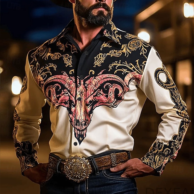 Men's Cow Floral Print Flowers Shirt Western Shirt Cowboy Shirt Long Sleeve Vintage Retro Outdoor Vacation Spring Fall Turndown 3D Print Linen Like Shirt Blue Green Beige Gray