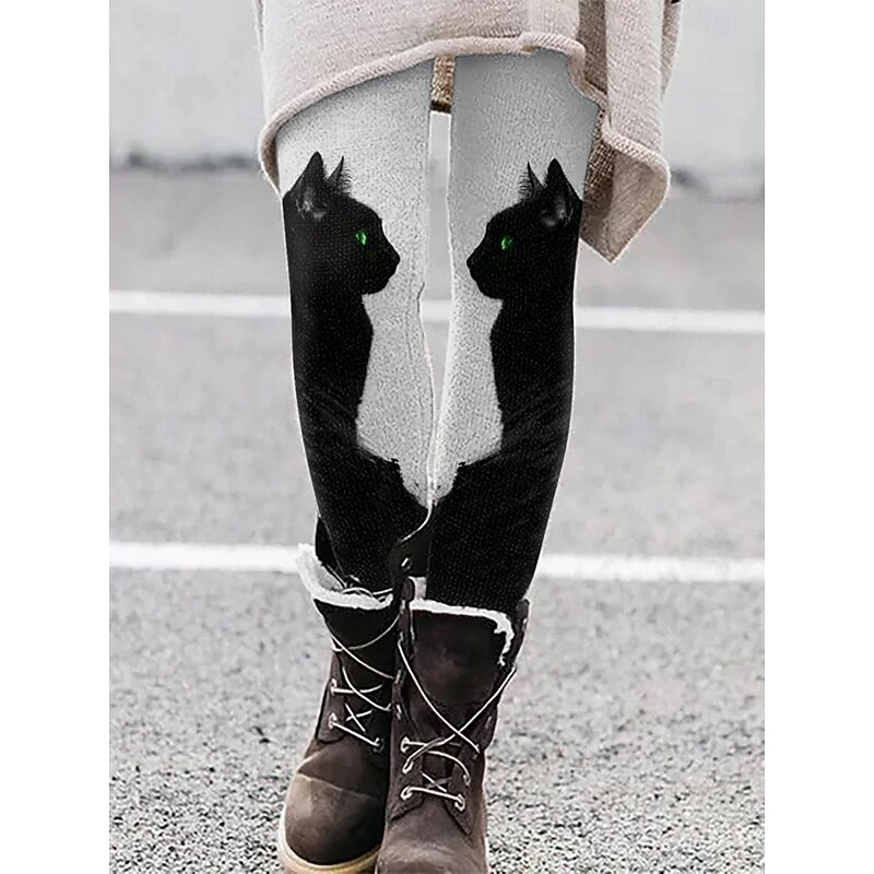 Women's Leggings Vacation Vintage Ethnic Style Ankle-Length High Waist Graphic Animal Cat 3D Print Quick Dry Breathability Soft Stretchy Outdoor Home Causal Black Grey Black White Gray Fall Winter4