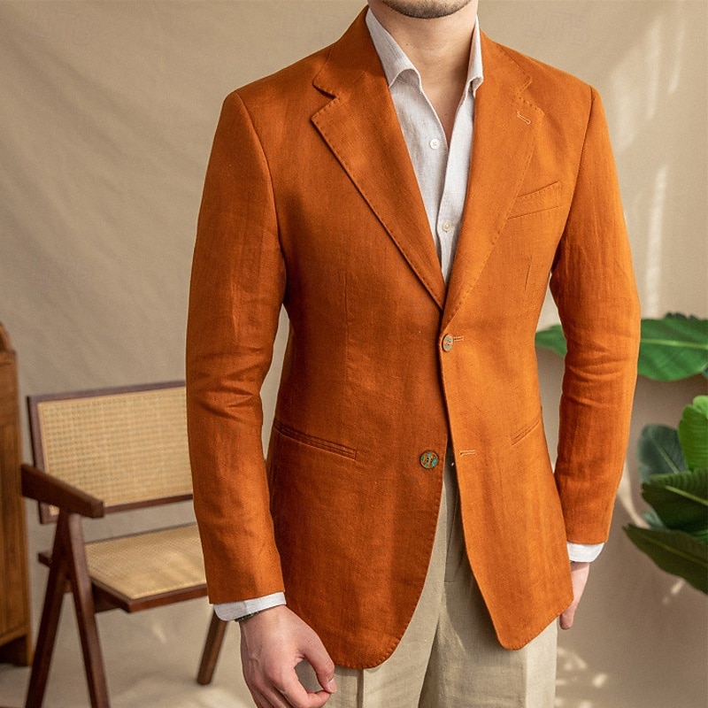 Men's Linen Blazer Blazer Business Cocktail Party Wedding Party Fashion Casual Spring Fall 30% Linen 60% Polyester Plain Pocket Buttons Comfortable Single Breasted Blazer Black White Brown Green