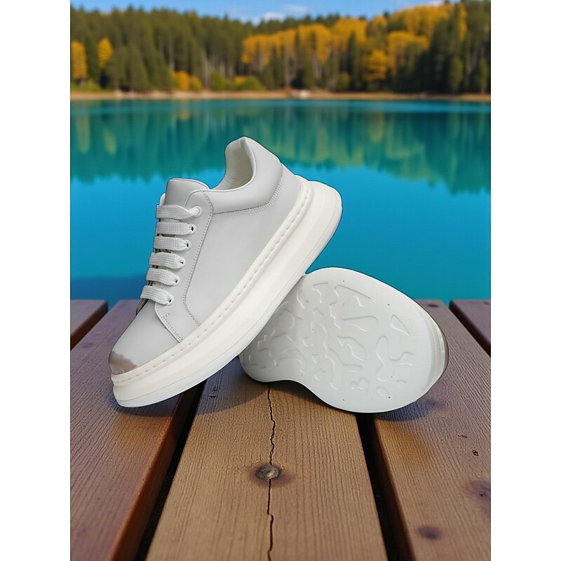 Men's White Leather Sneakers - Chunky Sole Casual Fashion Shoes for Urban Streetwear, Daily Walking, and Sporty City Outfits4