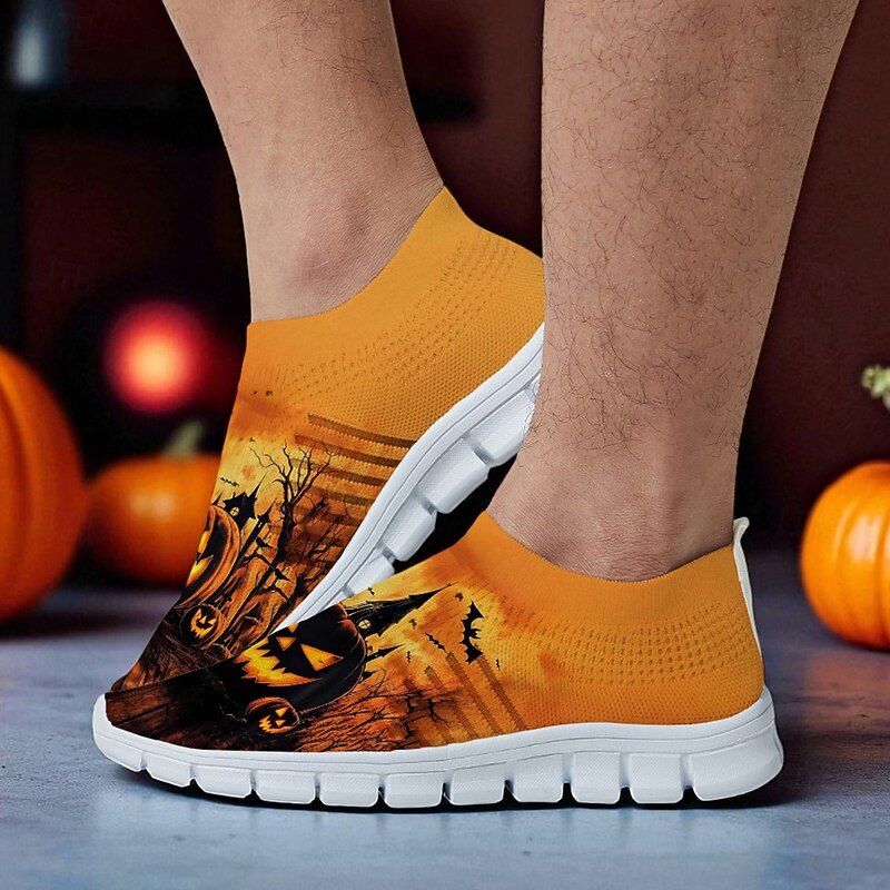 Men's Orange Flyknit Slip-On Sneakers with Haunted House Pumpkin Print – Casual Halloween Festival Shoes for Night Party, Cosplay and Outdoor Events4