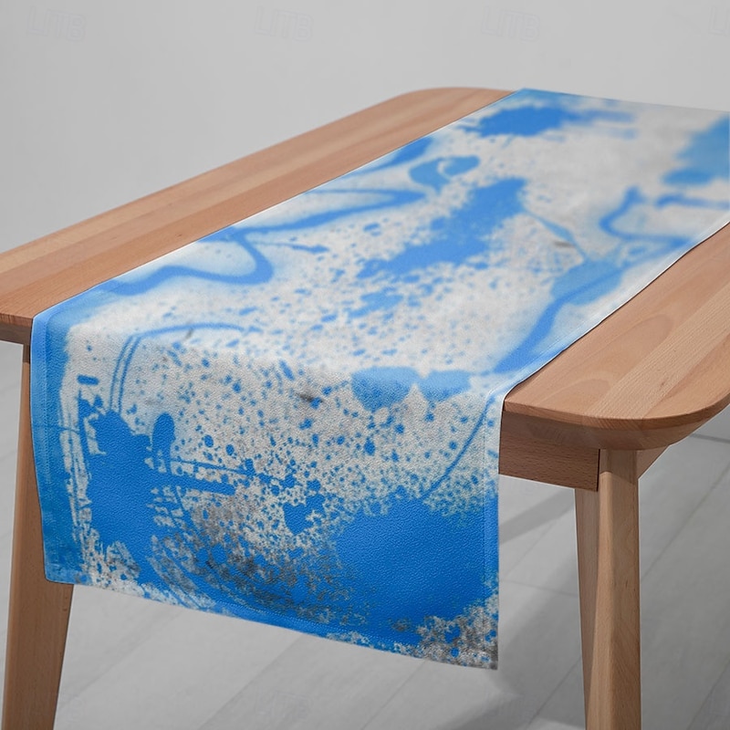 1PC Blue Tie Dye Graffiti Table Runner Table Flag – Digital Printed Rectangular Tablecloth for Restaurant, Banquet, Party, Cafe Decoration (33x180cm / 13x70.5in)
